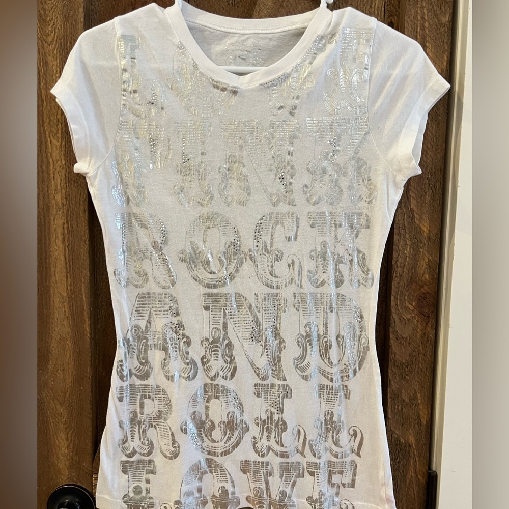 White Victoria’s Secret rock and roll tee with rhinestone detail
